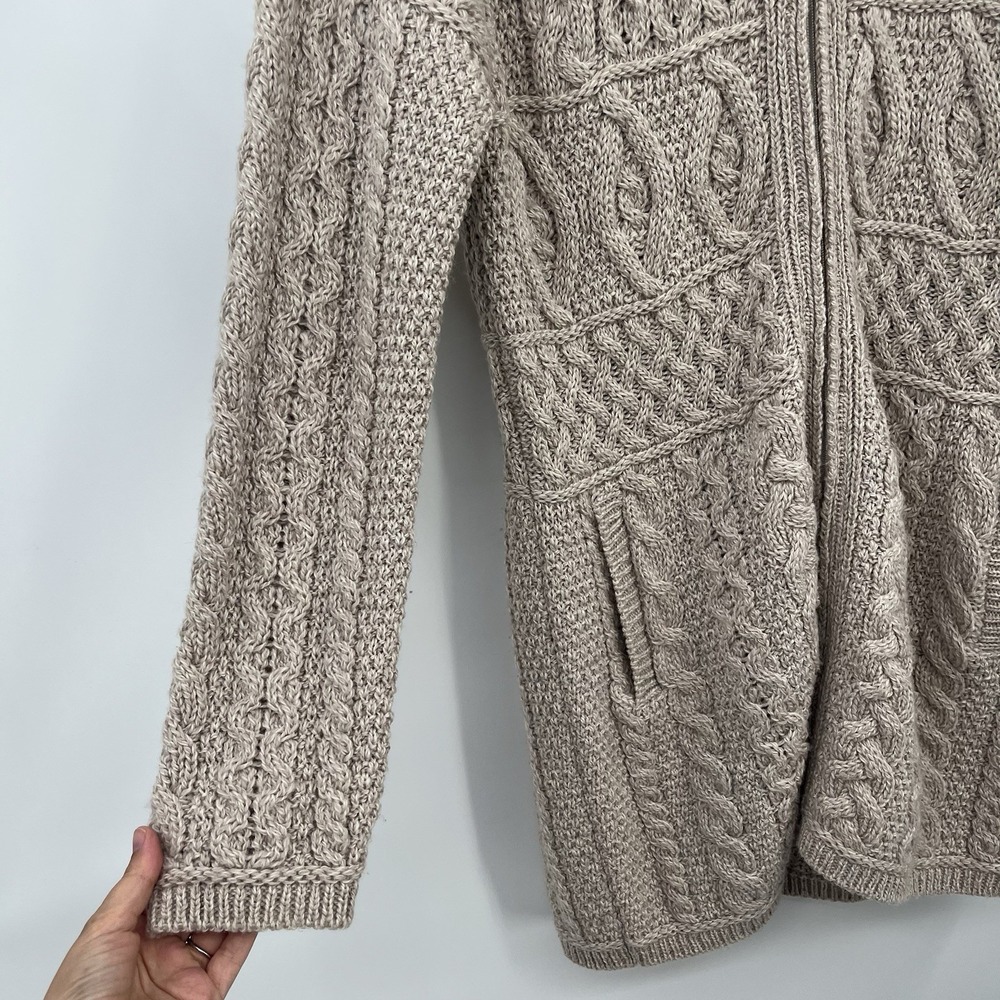 inis crafts merino 100% wool Sweater L Tan Long Full Zip Cable Knit Ireland Boho - Picture 4 of 12